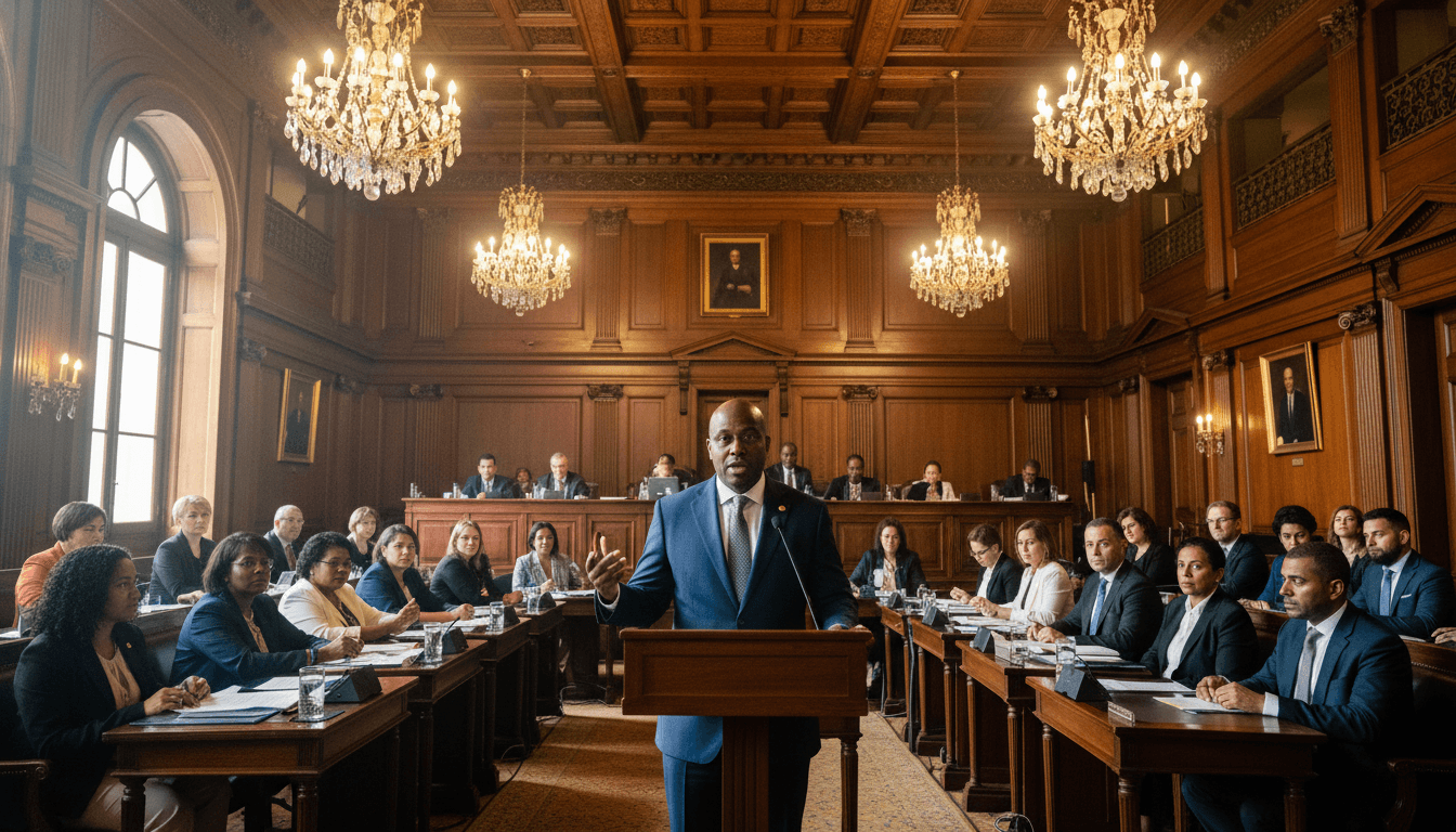 Senator Ryan Walters speaking in a formal setting, advocating for the use of financial crime laws to tackle gangs in Barbados.