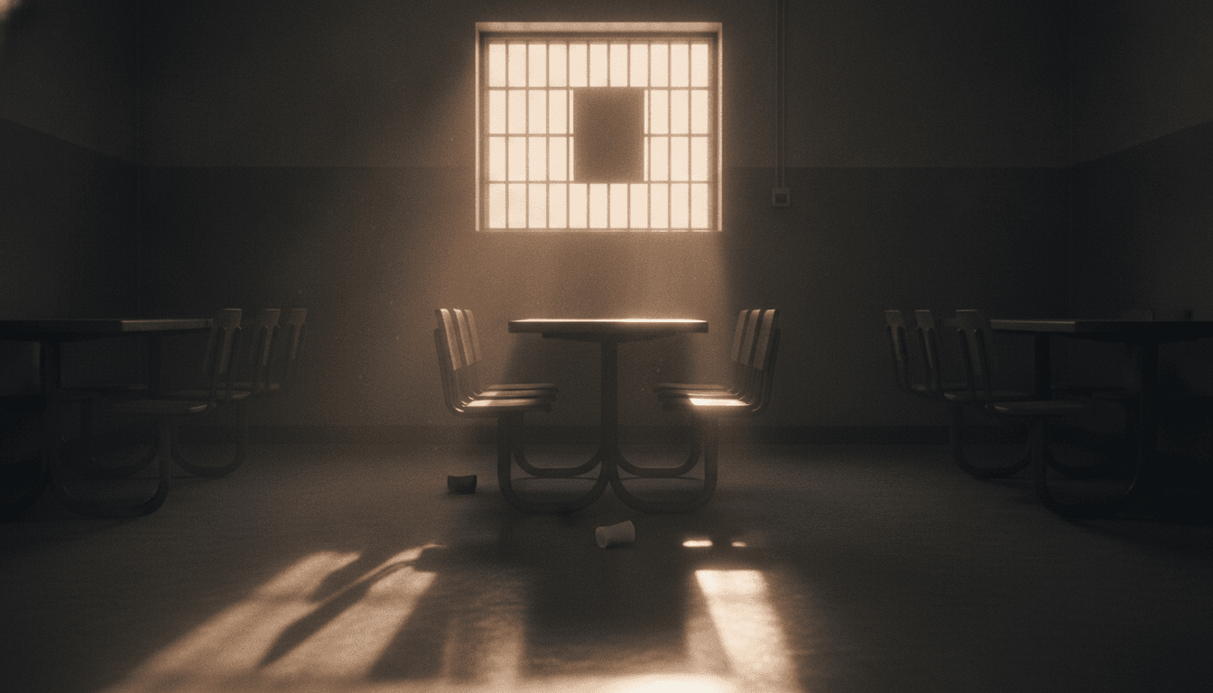 A dimly lit, empty prison visitation room after a jail visit confrontation, with muted sunlight filtering through a barred window.