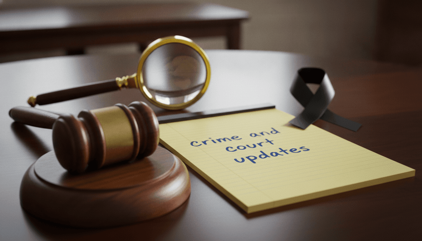 A still life composition featuring a gavel, a legal pad with 'crime and court updates' written on it, a small detective's magnifying glass, and a black ribbon, all arranged on a polished dark wood table.