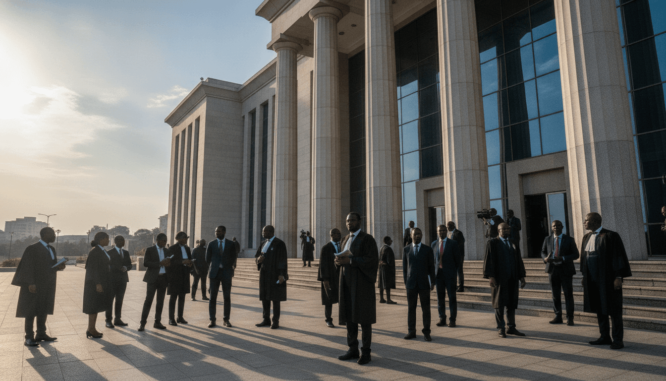 A wide shot of a modern, imposing courthouse in Nigeria, symbolizing the legal system's role in the cybercrime charges against 24 foreign hackers.