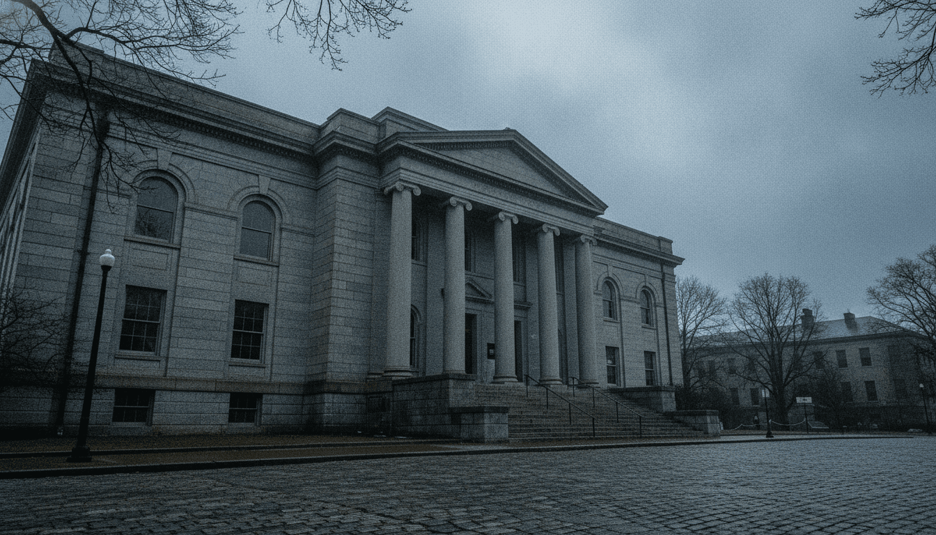 A courthouse facade on a somber day, symbolizing the legal implications of the Adam Montgomery murder conviction.