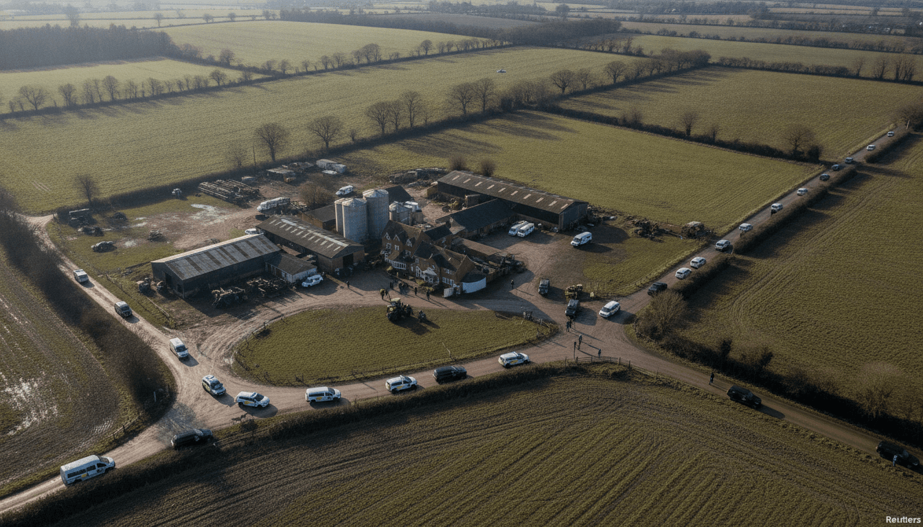 Aerial view showing police presence at a rural location in Essex, indicating an Essex cocaine network takedown