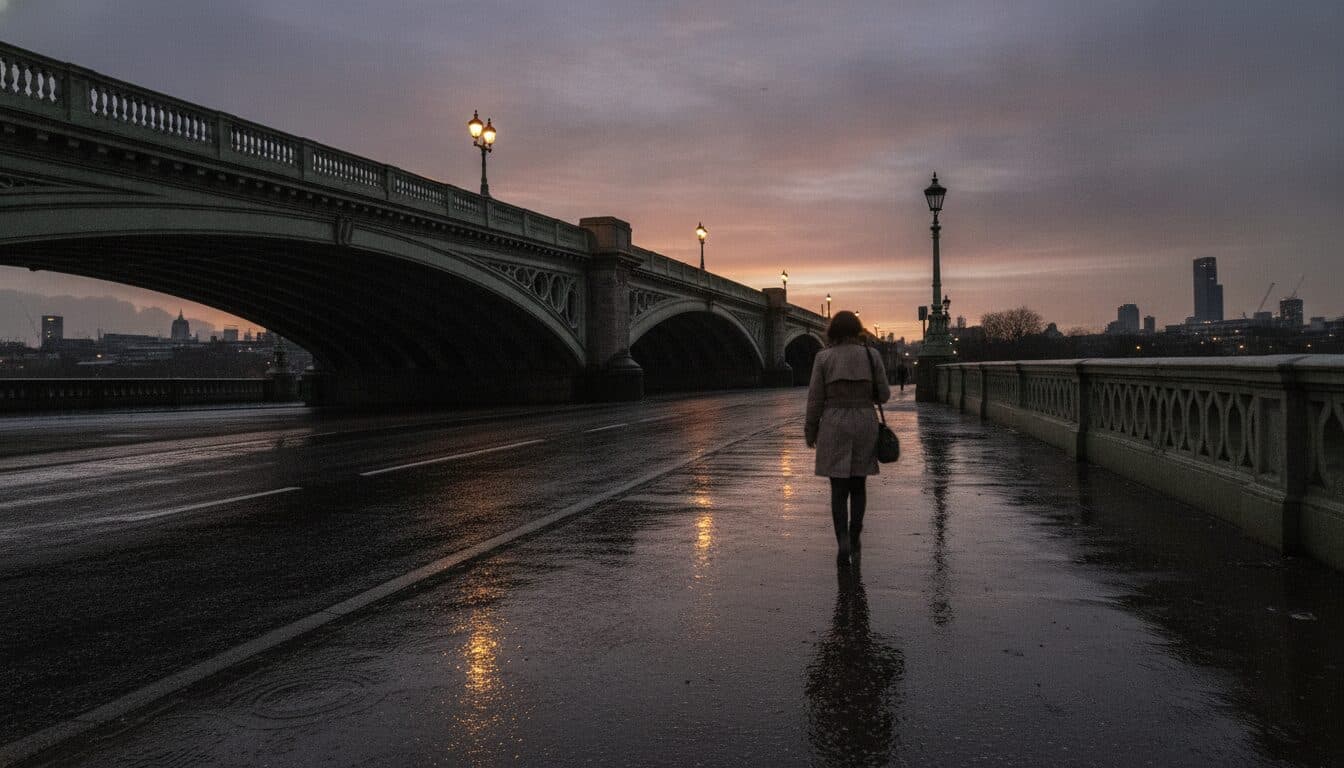 A solitary figure walks across Putney Bridge at dusk, the dim streetlights reflecting off the wet pavement after a recent rain, emphasizing the banker re-arrested story.