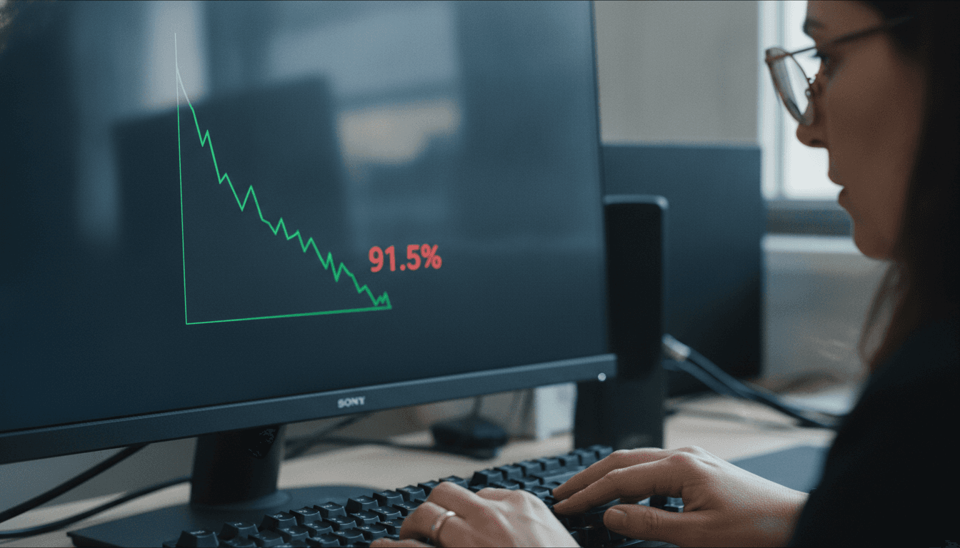 A close-up of a digital display showing a sharp decline in a cryptocurrency graph, specifically highlighting the XRP transaction demand falls 91.5%.