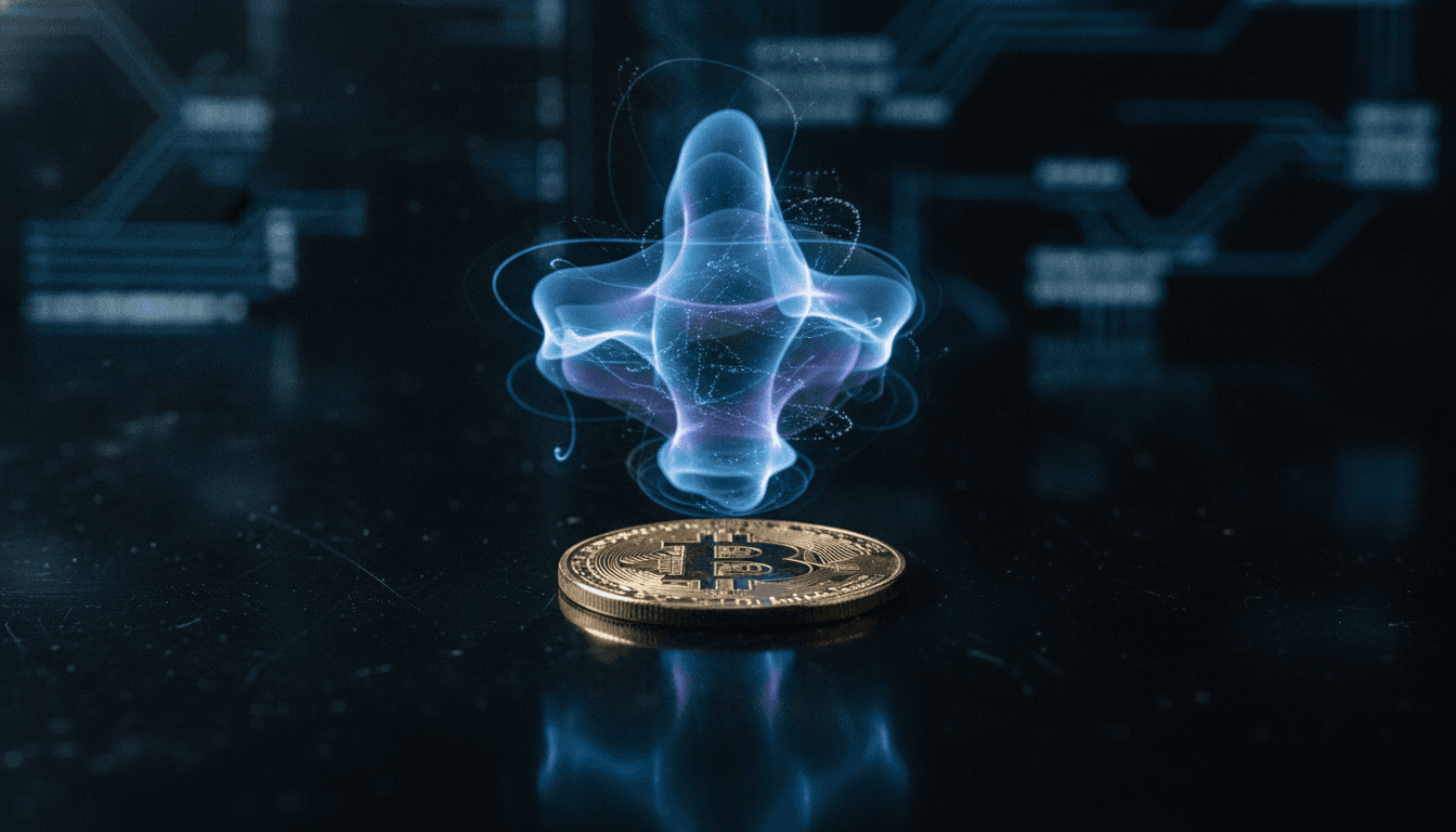 A conceptual depiction of the Bitcoin quantum threat, showing a glowing Bitcoin logo being fractured by subtle quantum energy patterns.