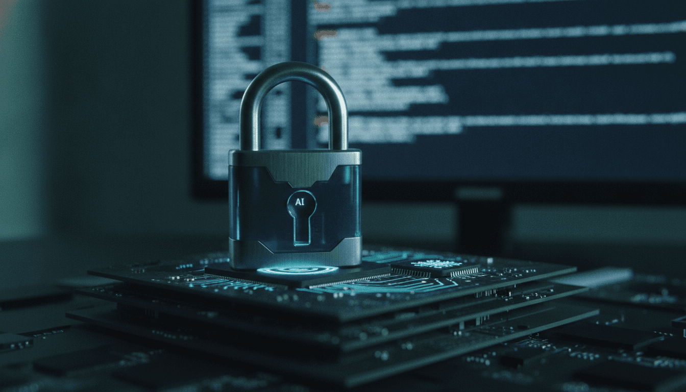 A digital padlock outline superimposed over a dark, hooded figure, symbolizing how AI boosts crypto hackers' capabilities.