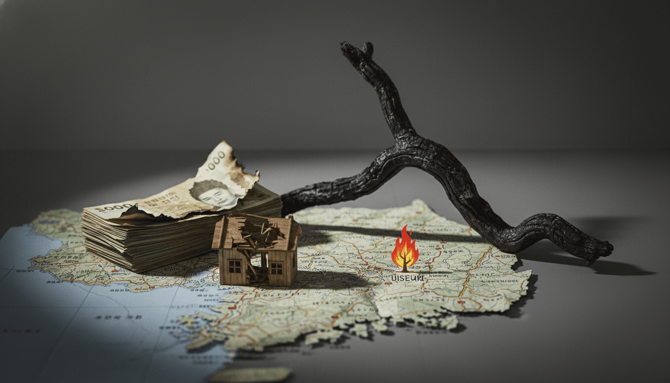A charred tree trunk stands amidst a landscape scarred by severe wildfire damage in Uiseong, North Gyeongsang Province, South Korea.