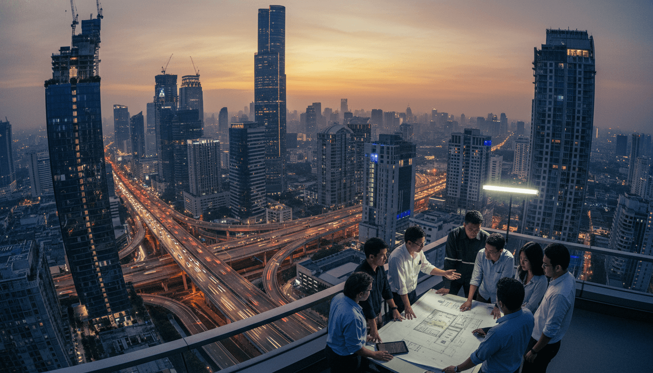 A modern cityscape at dusk, symbolizing ASEAN climate investments and sustainable development.