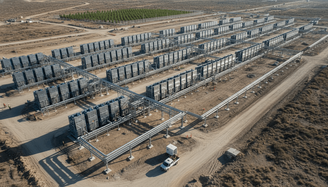 Aerial view of a large-scale direct air capture carbon removal plant with multiple towers, set against a backdrop of arid land and distant industrial infrastructure, symbolizing the urgent need for a historic carbon removal scale-up.