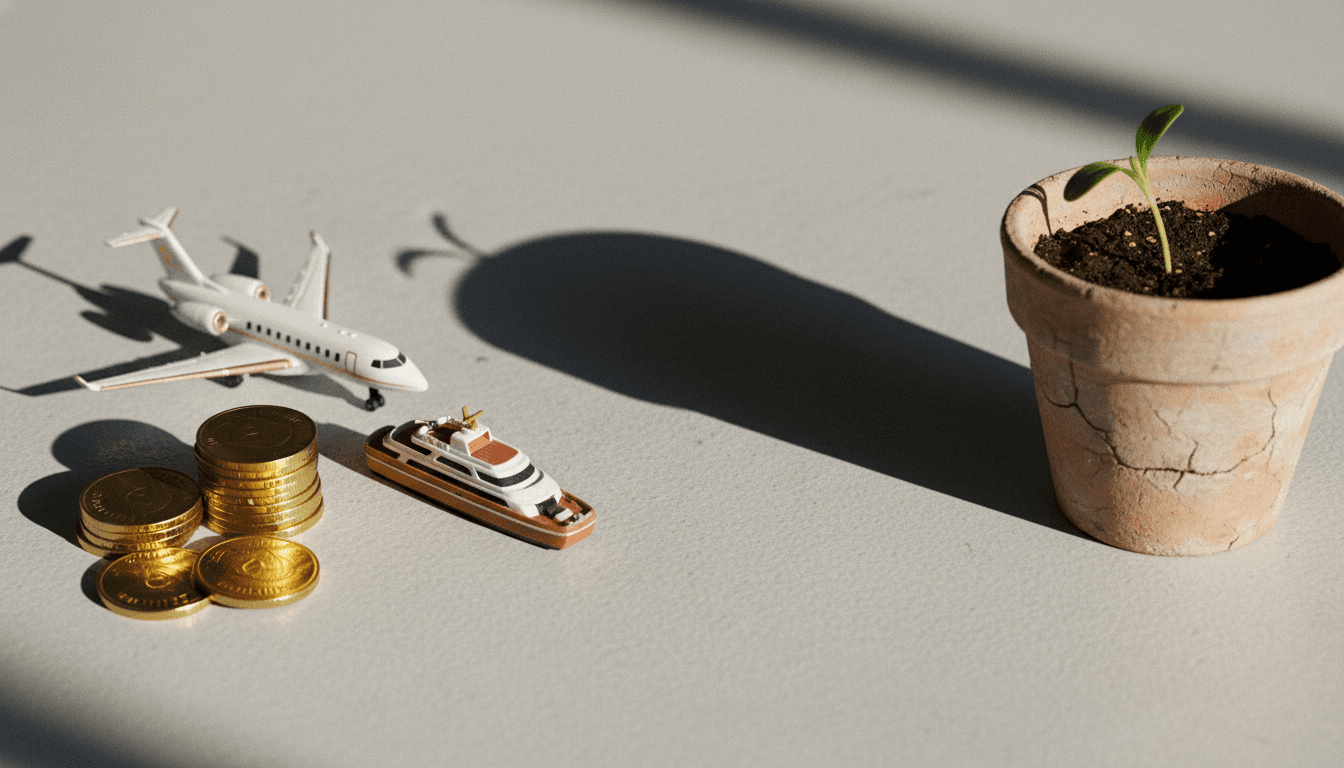 A stack of gold coins and luxury items casting a large, dark shadow over a small, wilting plant, symbolizing the richest 10% driving 77% of emissions.