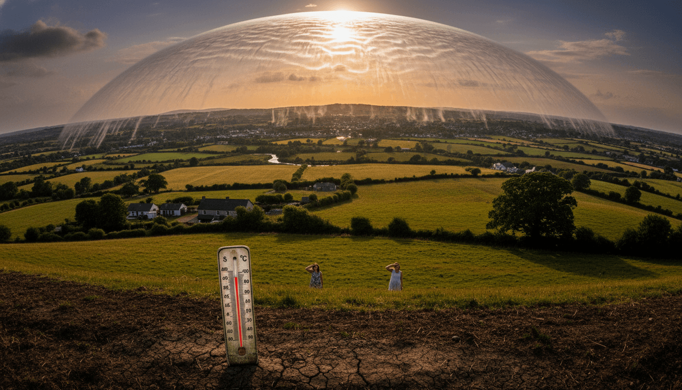 A parched, cracked earth under a scorching sun, symbolizing the intense heatwave and the impact of human-caused climate change in Ireland.