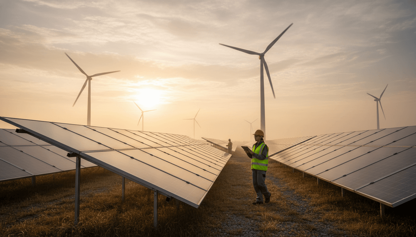 Solar panels and wind turbines operating efficiently as renewable energy accelerates global climate goals.