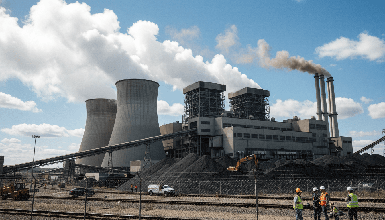 A vast coal-fired power plant with towering smokestacks emitting plumes of steam and smoke, set against a backdrop of a clear sky, illustrating the coal power preference.
