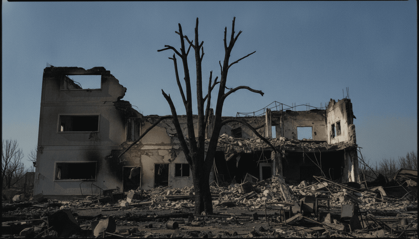 A burnt-out building with charred debris and a scorched tree under a clear sky, representing the devastating wildfire losses.