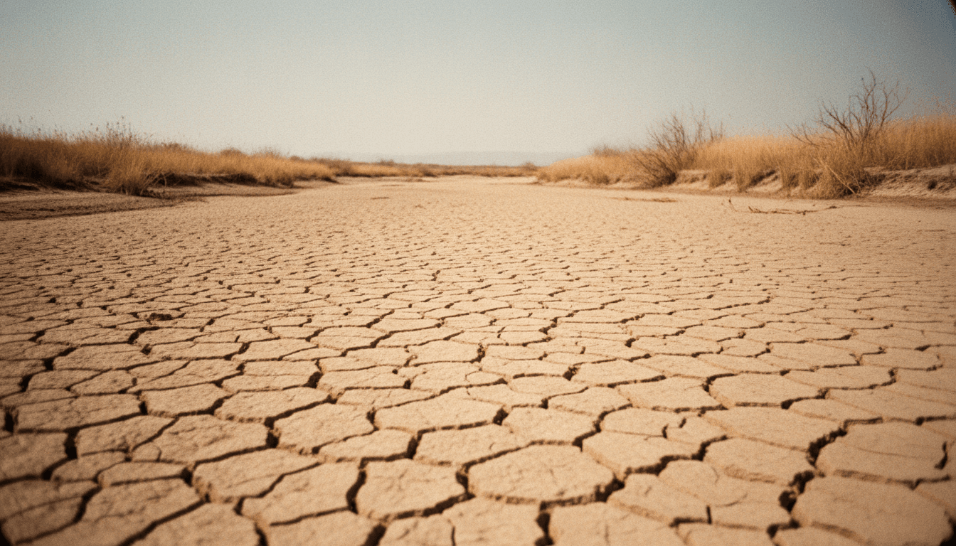 A desolate, parched riverbed under a scorching, hazy sky, illustrating Europe's extreme weather conditions of drought.