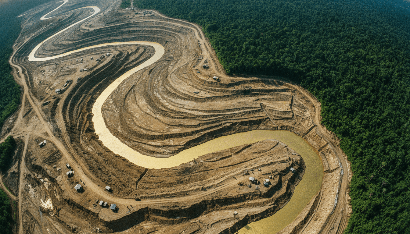 A conceptual image illustrating the gold-fueled mining rush's impact on the Amazon, showing a shimmering, toxic river flowing through a deforested landscape.
