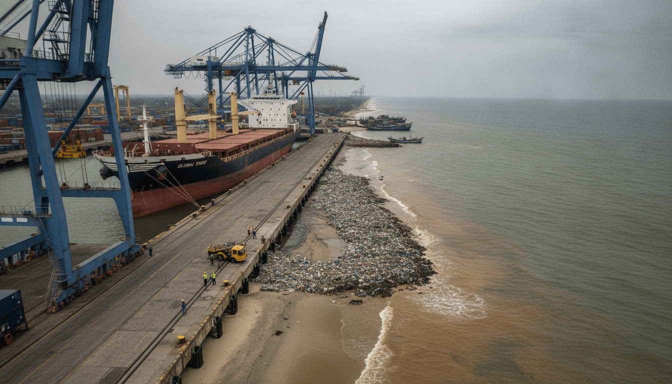 Industrial port infrastructure next to a polluted coastline, showing the growing pollution threatens Paradip coastline.