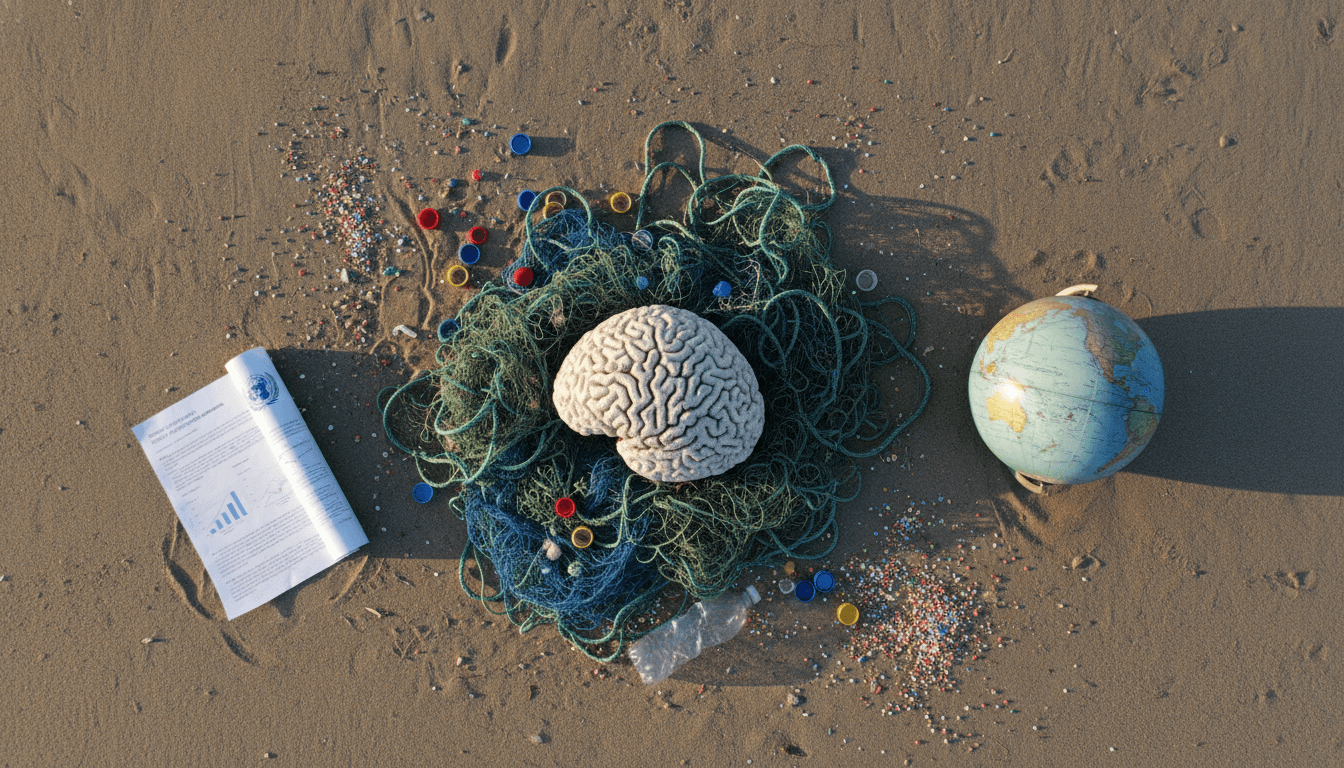 A collection of items representing the threats to marine life and the U.N. report's findings that oceans face tipping point.