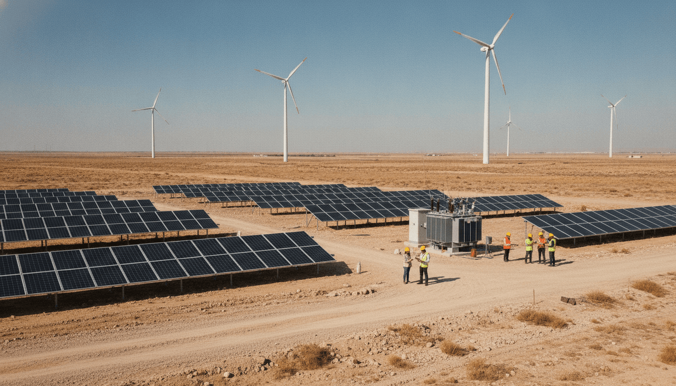 An expansive desert landscape in Diyala, Iraq, with a large-scale 1.6 GW solar-wind hybrid renewable energy project visible in the distance, featuring rows of solar panels and tall wind turbines.