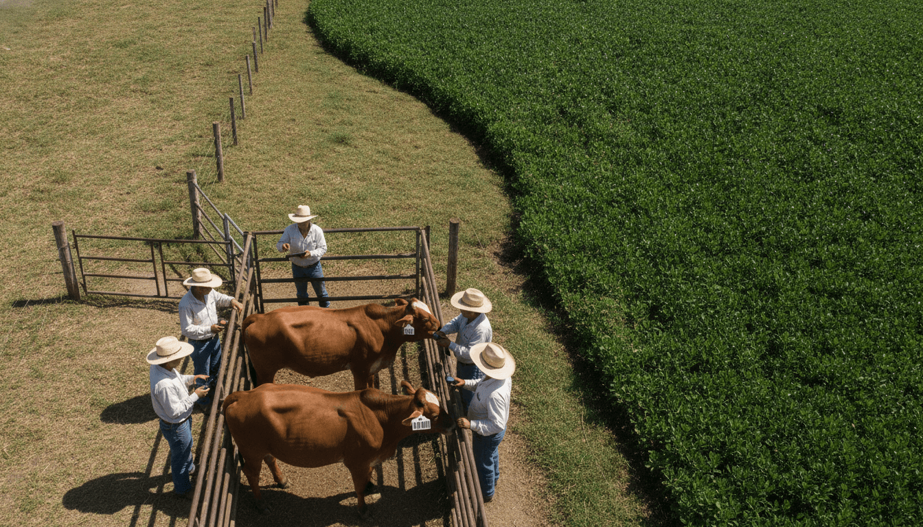 An aerial view of a verdant Colombian pasture with distinct, organized cattle pens, showing the infrastructure for a cattle traceability law.