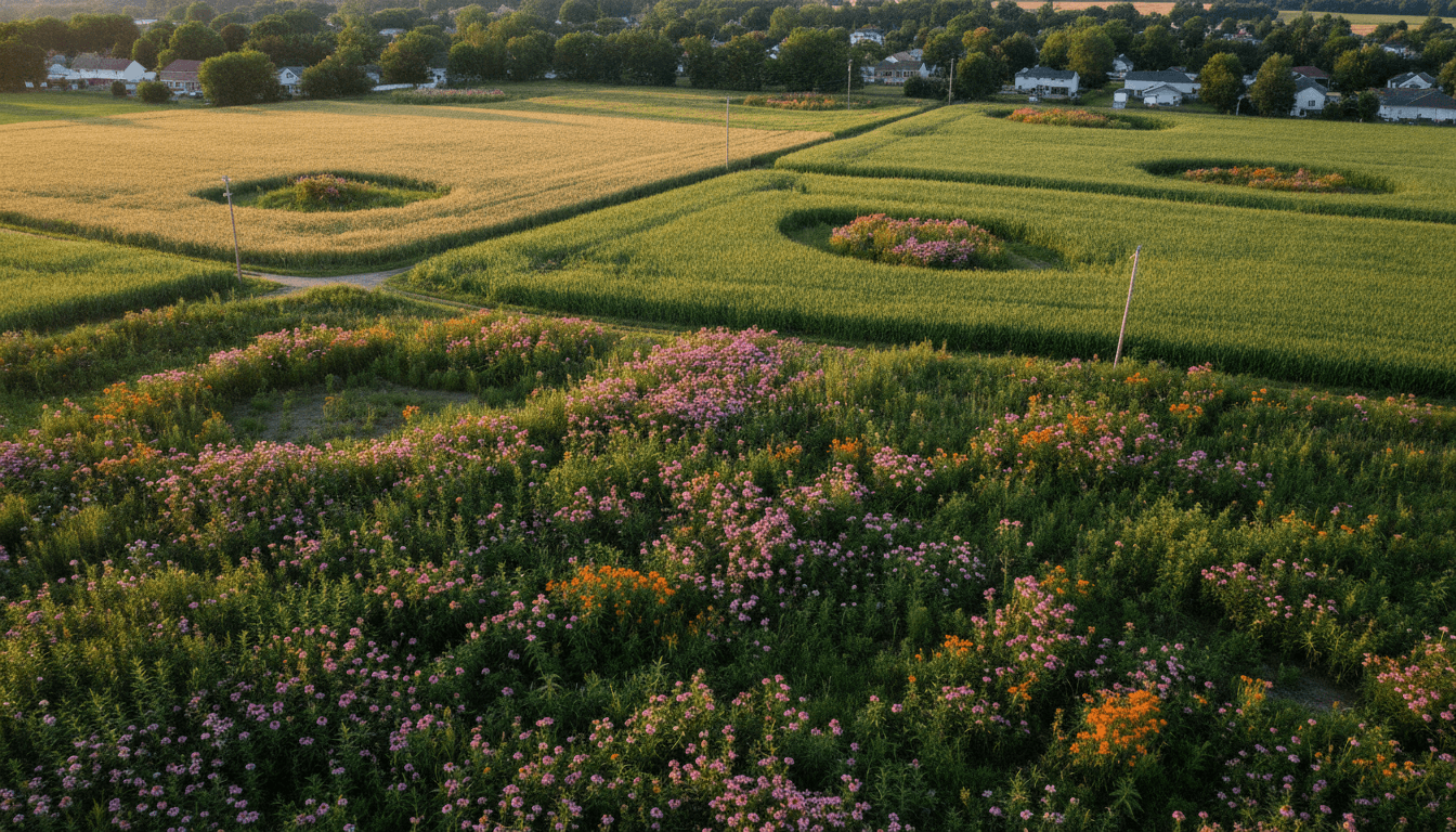 An aerial view showing a vast, interconnected landscape with patches of restored milkweed habitat, illustrating the widespread impact of the monarch butterfly conservation effort.