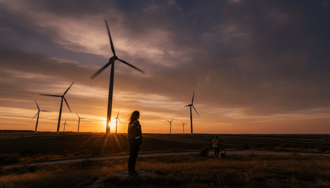 Large wind turbines stand tall against a dramatic, cloudy sky at sunset, symbolizing Suzlon's new wind-first renewable platforms strategy.