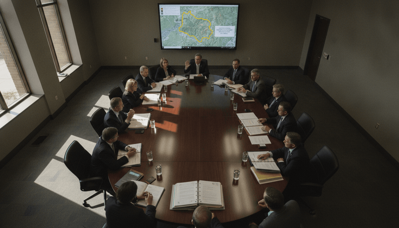 A committee meeting in session, with members reviewing maps and documents related to the Guajolote Ranch development plans despite habitat concerns, with an overlay showing the specific 13 acres of golden-cheeked warbler habitat to be impacted.