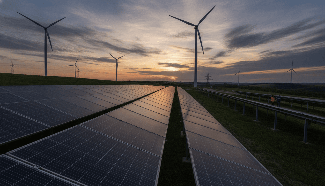 A panoramic view of a vast renewable energy farm with advanced solar panels and next-generation wind turbines, showcasing the major technology upgrades in the sector.