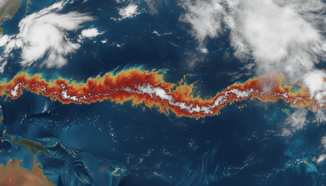 A satellite image showing the distinct warm sea surface temperature anomaly characteristic of a developing record El Niño in 1997.