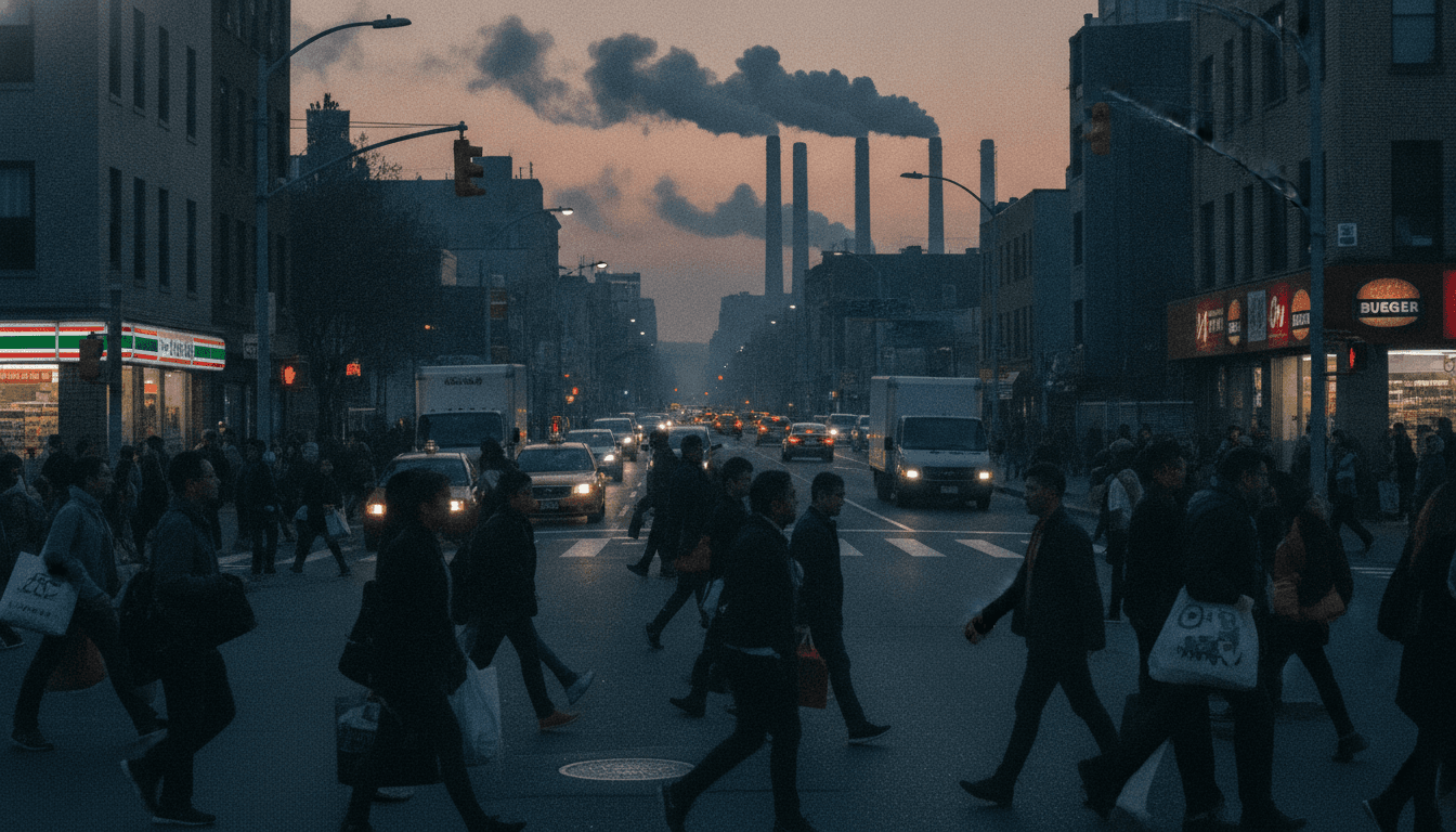 A bustling city street scene with a focus on human activity contributing to modern environmental crises and population growth.