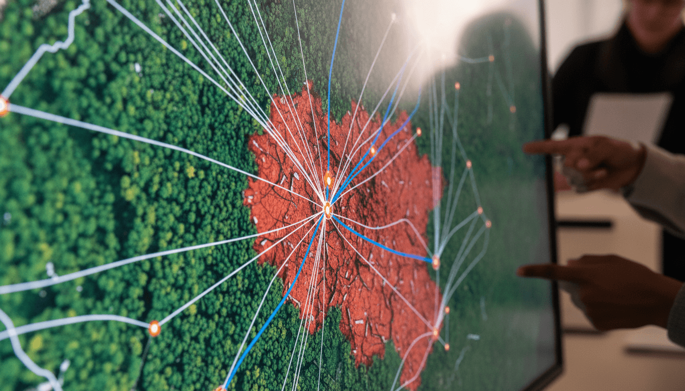 A close-up of a detailed map showing deforestation zones overlayed with supply chain routes, highlighting how deforestation rules impact Indian firms' logistics.