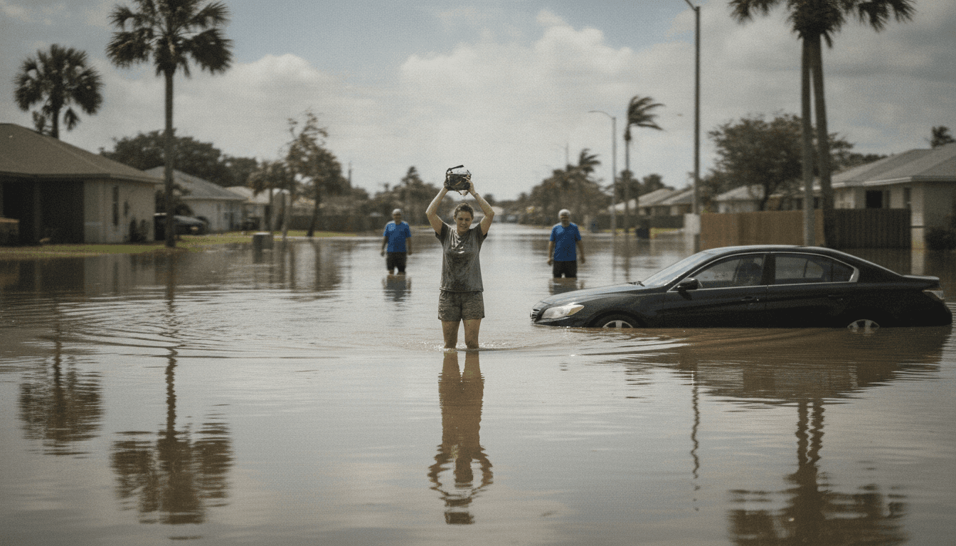 A street in Fort Myers, Florida, submerged in water after Hurricane Ian in 2022, showing the historic surge in coastal floods.