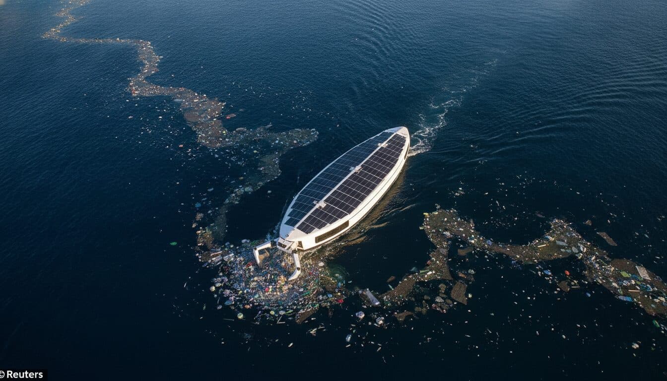 An aerial view of a sleek, solar-powered boat actively collecting debris, addressing the ocean plastic waste problem.