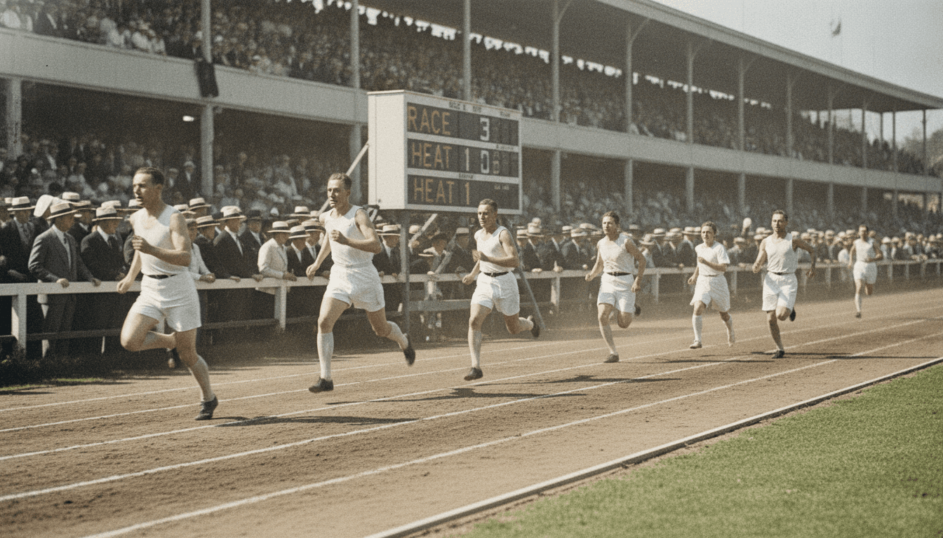 A wide shot of runners on a track during the 1924 Paris Olympics, symbolizing the financial lessons from Chariots of Fire.