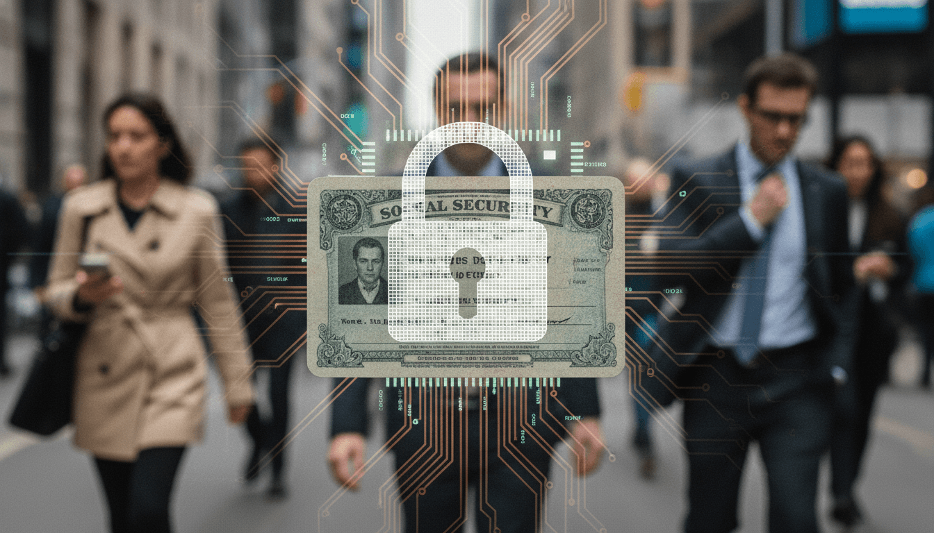A padlock superimposed over a Social Security card and circuit board, symbolizing the security threat of the 'DOGE plan' to mark individuals as dead.