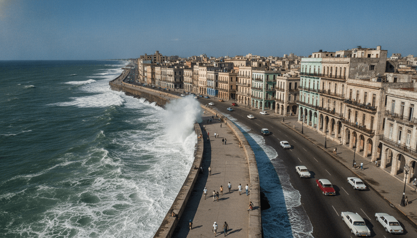 A wide shot of Havana's iconic Malecón seawall with waves crashing, under a clear blue sky, illustrating the potential for a Cuba state power collapse.