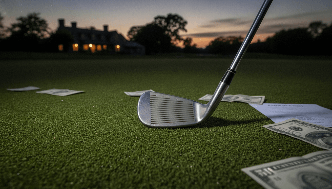A golf course green at dusk with a single golf club lying abandoned, symbolizing the end of a deceptive financial adviser friendship.