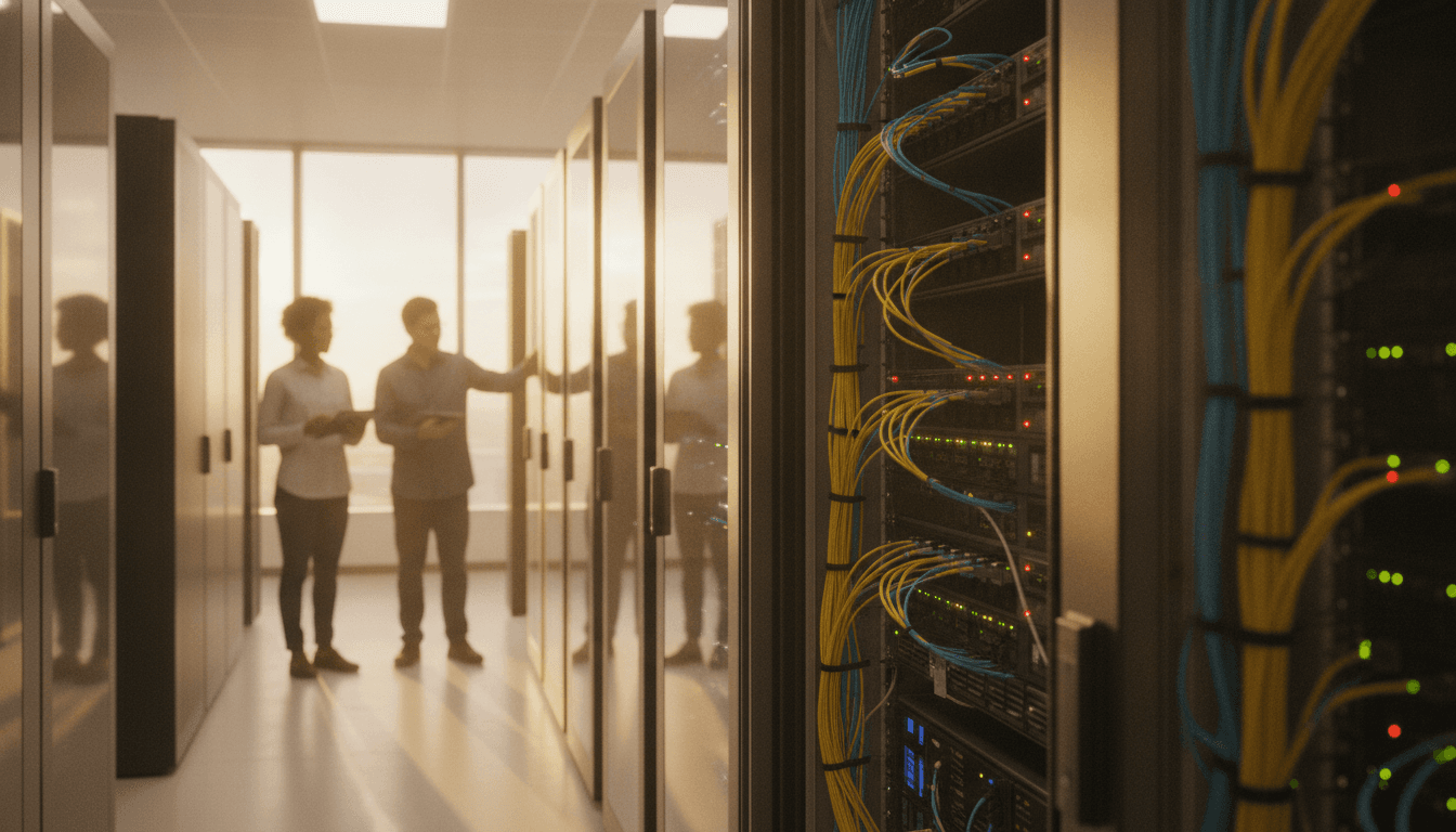 A close-up of a server rack with blinking lights, symbolizing the rapid build-out of Oracle's AI infrastructure, reflecting how Oracle's stock surged on AI hype.
