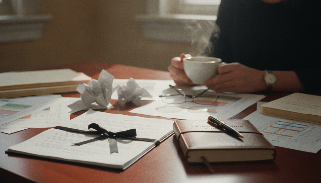 A collection of carefully organized financial documents, a will, and a notebook on estate planning gaps, placed on a wooden desk.