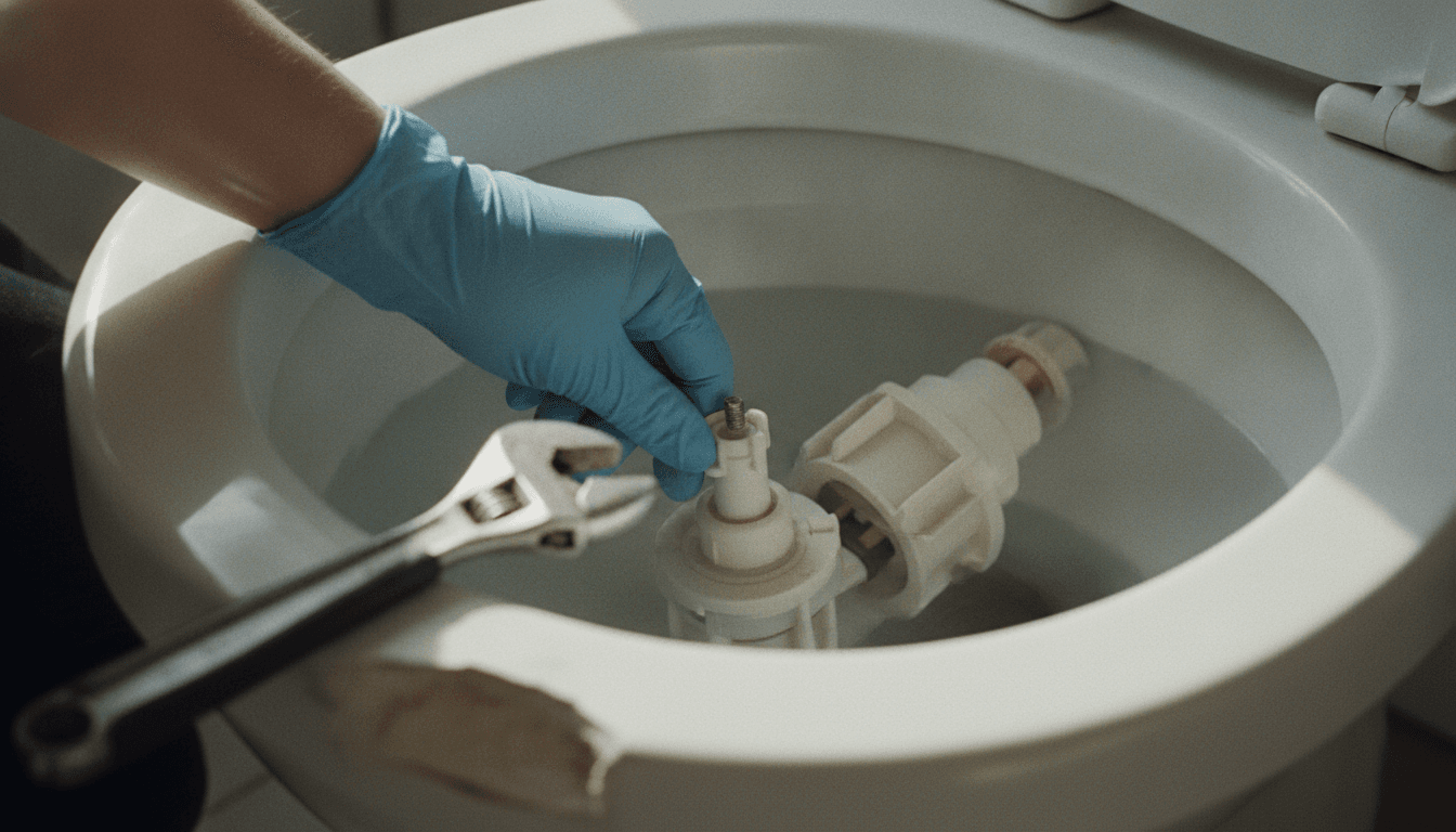 A plumber's hand adjusting a toilet cistern repair mechanism, with tools scattered nearby.