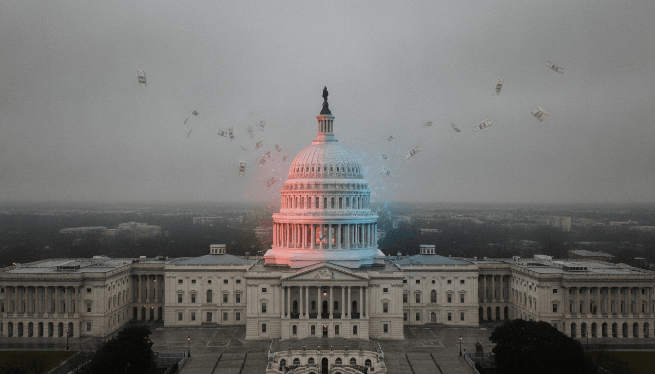 An aerial view of the U.S. Capitol dome split down the middle in red and blue, with stacks of green banknotes flowing from each side, illustrating how political polarization costs investors money.