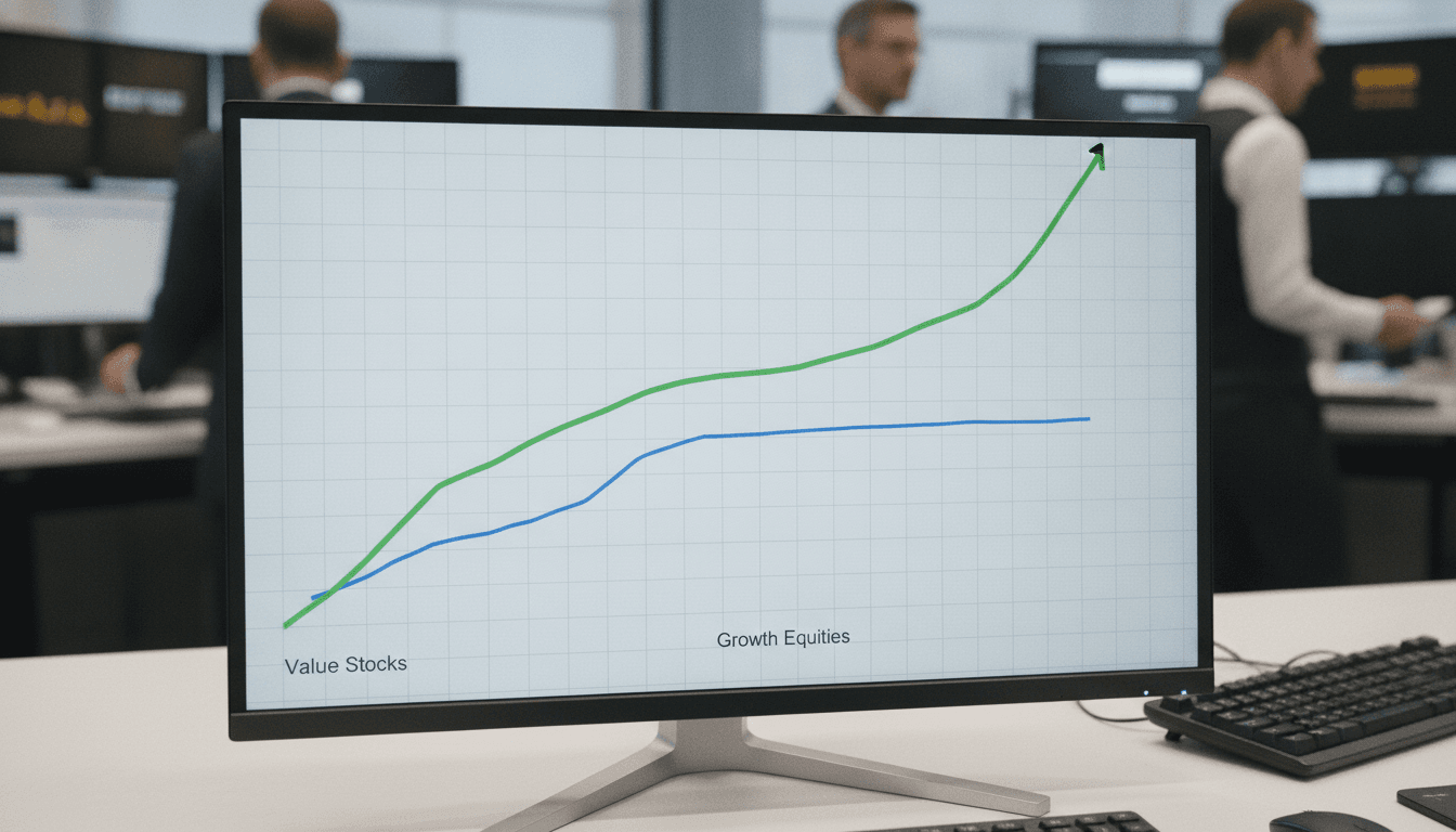 Close-up of a financial chart displaying the strong upward trajectory of value stocks against a flat growth stock line, emphasizing the outperformance.