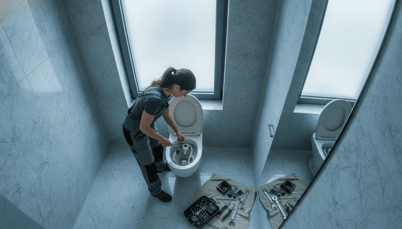 Aerial view of a suburban bathroom, focusing on a toilet cistern repair in progress with a plumber's tools laid out