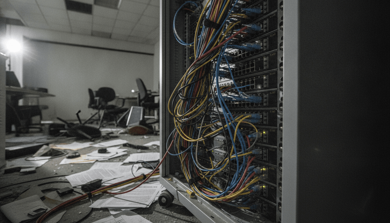 Close-up of a server rack with blinking lights and tangled network cables, symbolizing web hosting infrastructure used for cyberattacks.