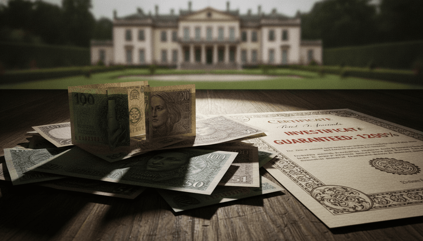 Close-up of a stack of old Deutschmark banknotes and a forged investment certificate with a blurred background of a luxury villa.
