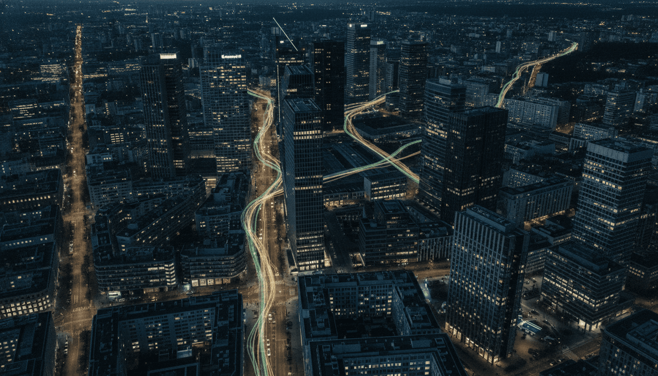 Aerial view of a sprawling European city's financial district with blurred currency flowing between buildings, representing money laundering.