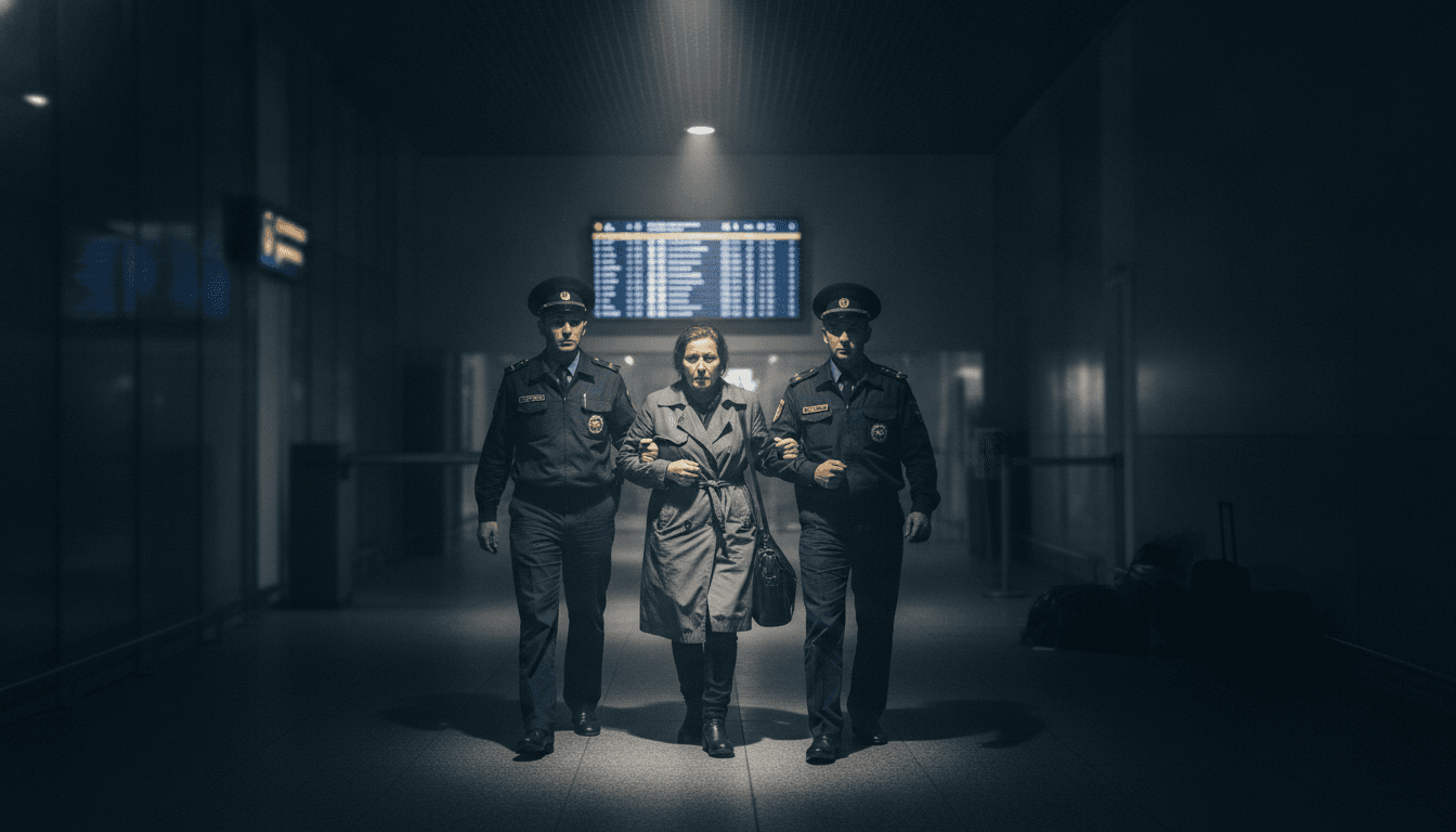 Georgian authorities arresting a woman at Tbilisi International Airport, with a US extradition request visible.