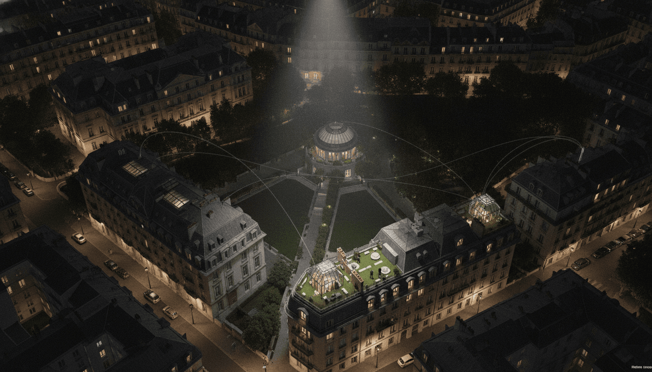 Aerial view of a lavish European city street lined with upscale real estate, with a subtle overlay hinting at financial transactions or illicit money flows. The scene emphasizes wealth and hidden financial activity.