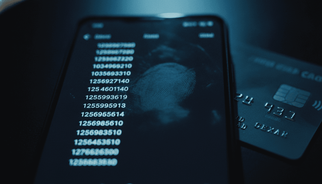 Close-up of a smartphone screen displaying multiple gift card numbers, with a blurred debit card behind it, symbolizing the digital nature of the fraud.