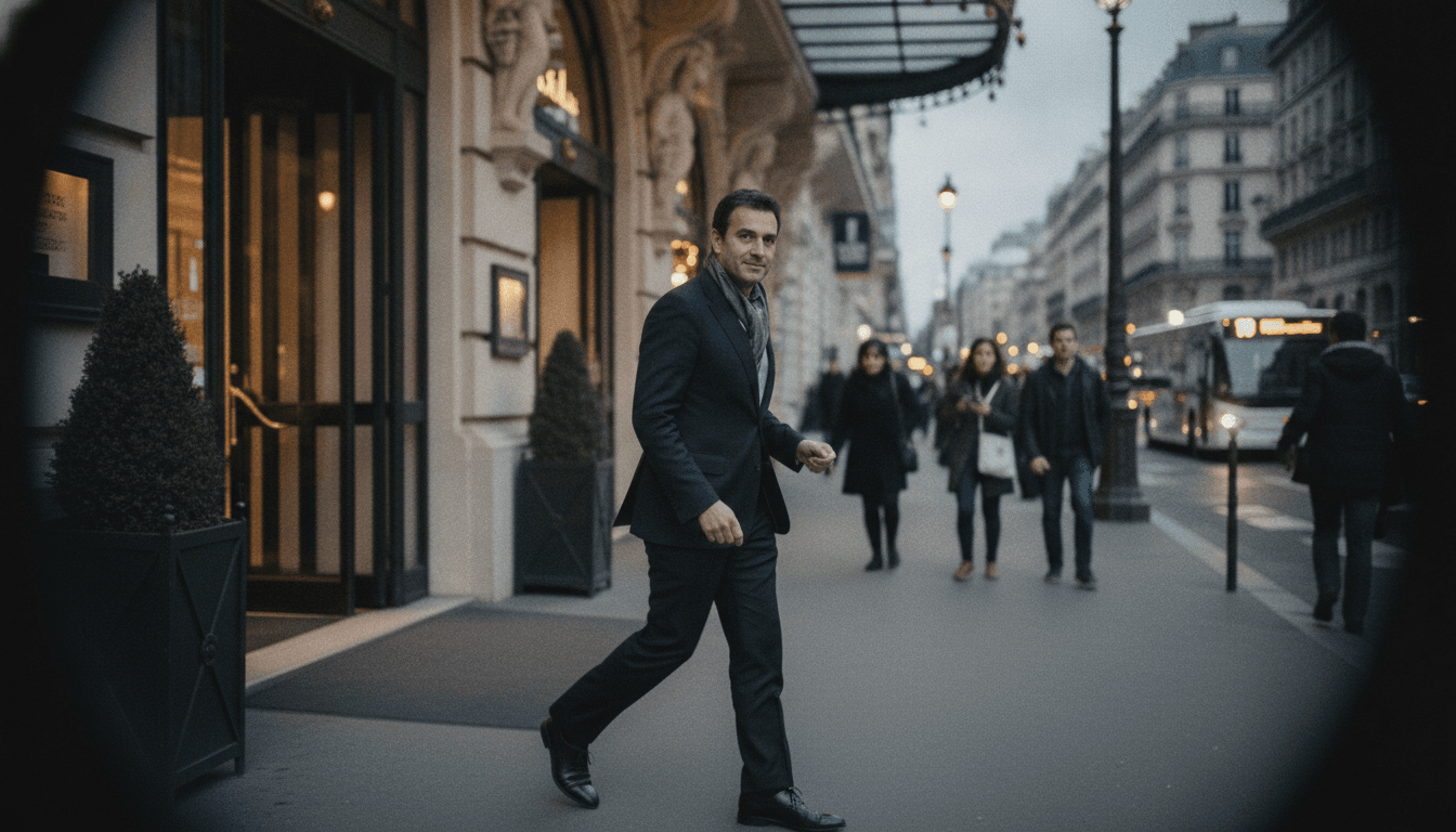 A man in a sharp suit, Christophe Rocancourt, looking confidently at the camera, surrounded by the subtle blur of a luxurious hotel lobby.